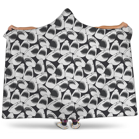 White And Grey Shark Pattern Print Hooded Blanket