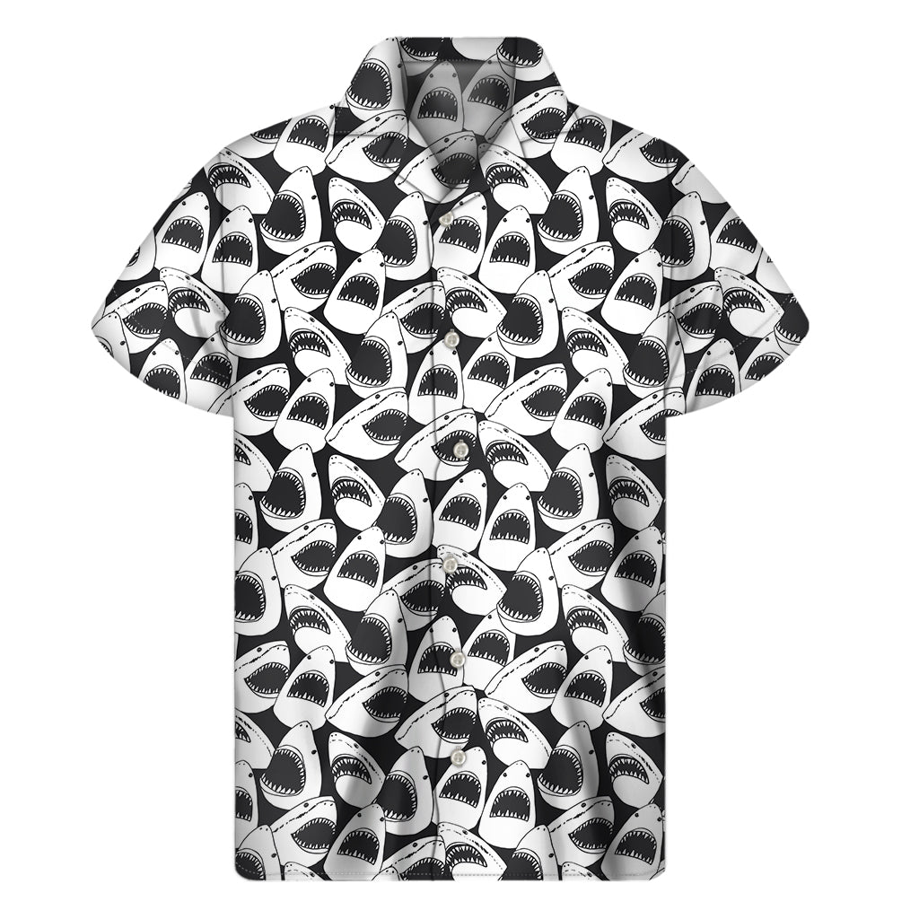 White And Grey Shark Pattern Print Men's Short Sleeve Shirt