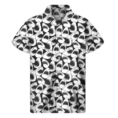 White And Grey Shark Pattern Print Men's Short Sleeve Shirt