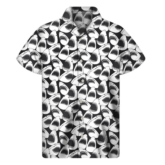 White And Grey Shark Pattern Print Men's Short Sleeve Shirt