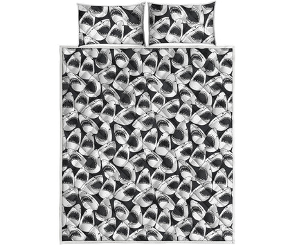 White And Grey Shark Pattern Print Quilt Bed Set