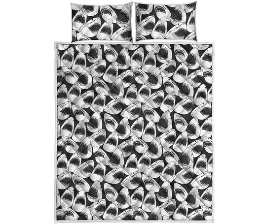White And Grey Shark Pattern Print Quilt Bed Set