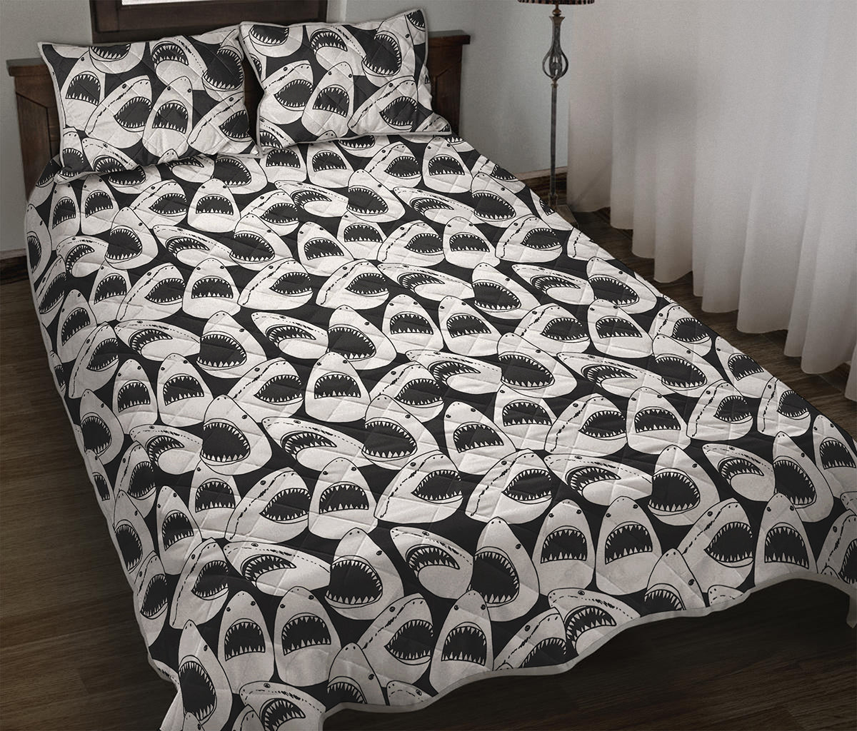White And Grey Shark Pattern Print Quilt Bed Set