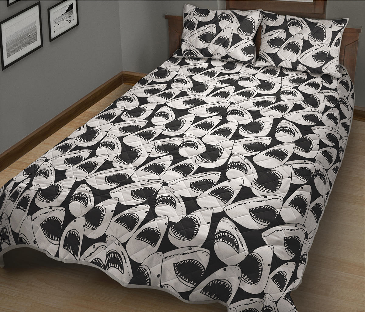White And Grey Shark Pattern Print Quilt Bed Set