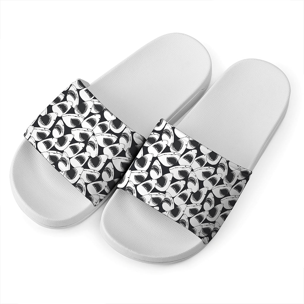 White And Grey Shark Pattern Print White Slide Sandals