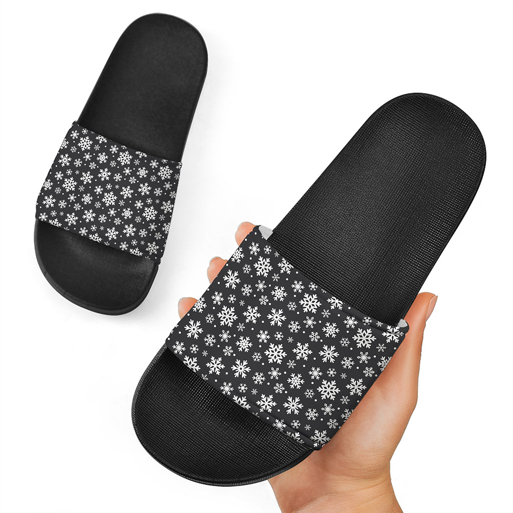 White And Grey Snowflake Pattern Print Black Slide Sandals