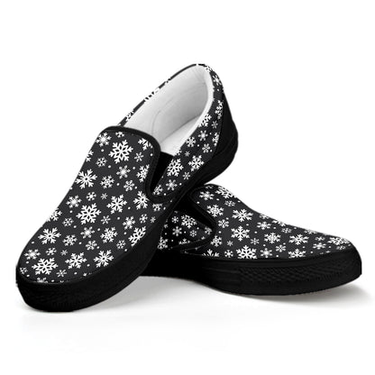 White And Grey Snowflake Pattern Print Black Slip On Shoes