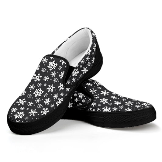 White And Grey Snowflake Pattern Print Black Slip On Shoes