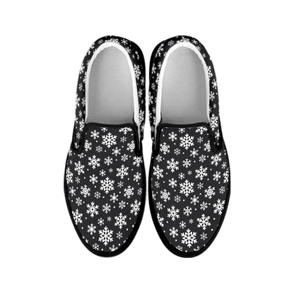 White And Grey Snowflake Pattern Print Black Slip On Shoes