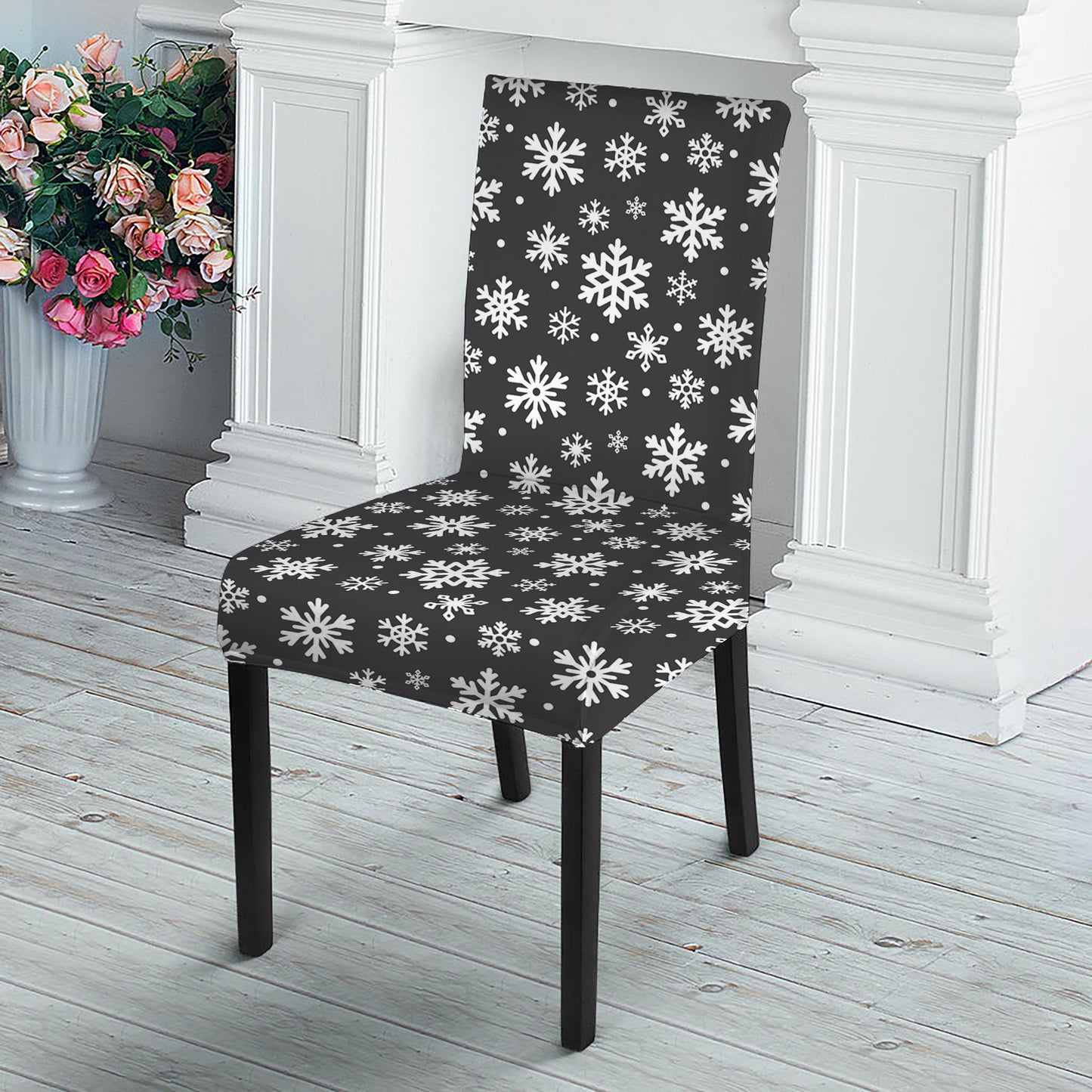 White And Grey Snowflake Pattern Print Dining Chair Slipcover