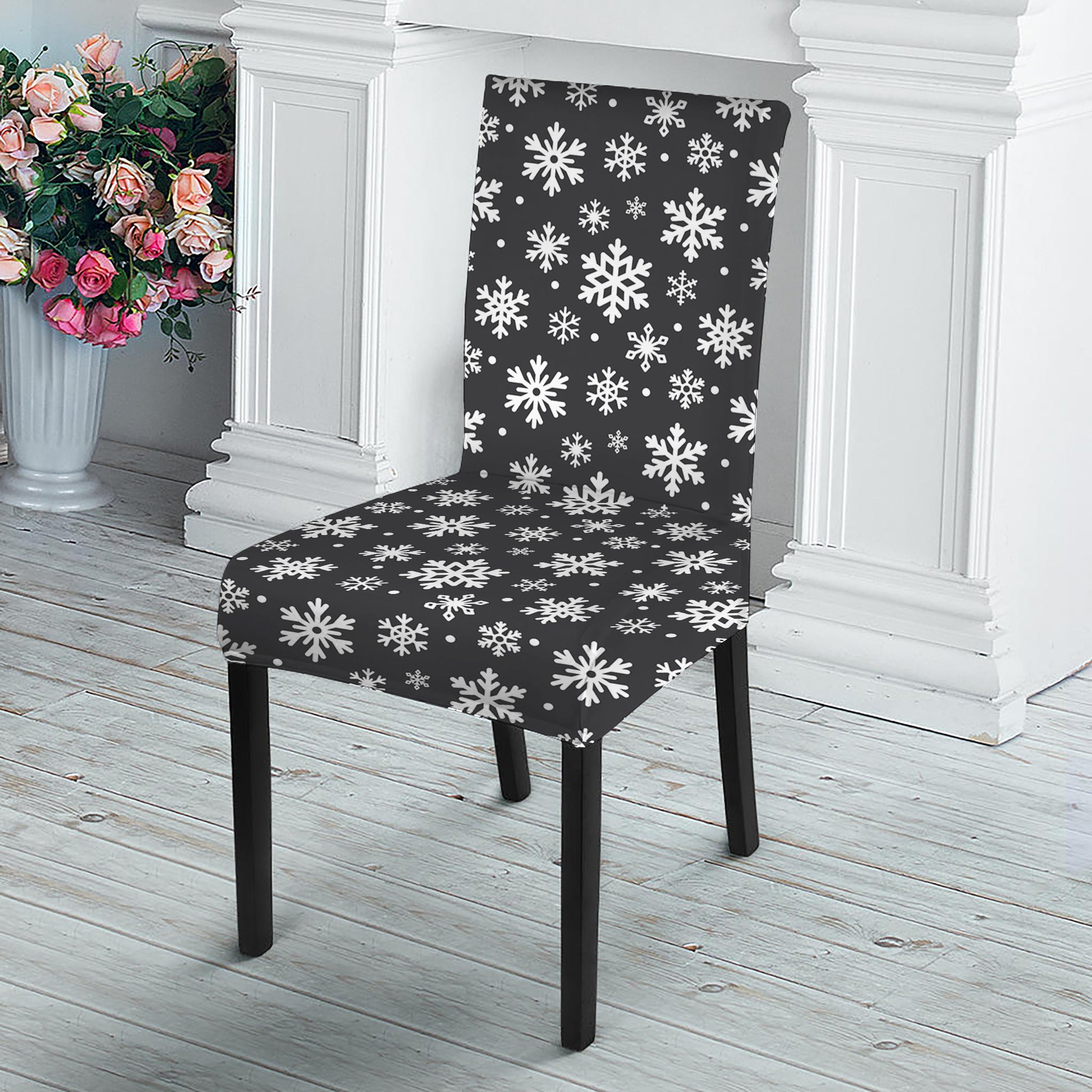 White And Grey Snowflake Pattern Print Dining Chair Slipcover