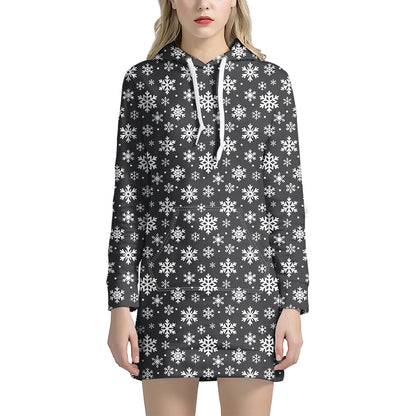 White And Grey Snowflake Pattern Print Hoodie Dress