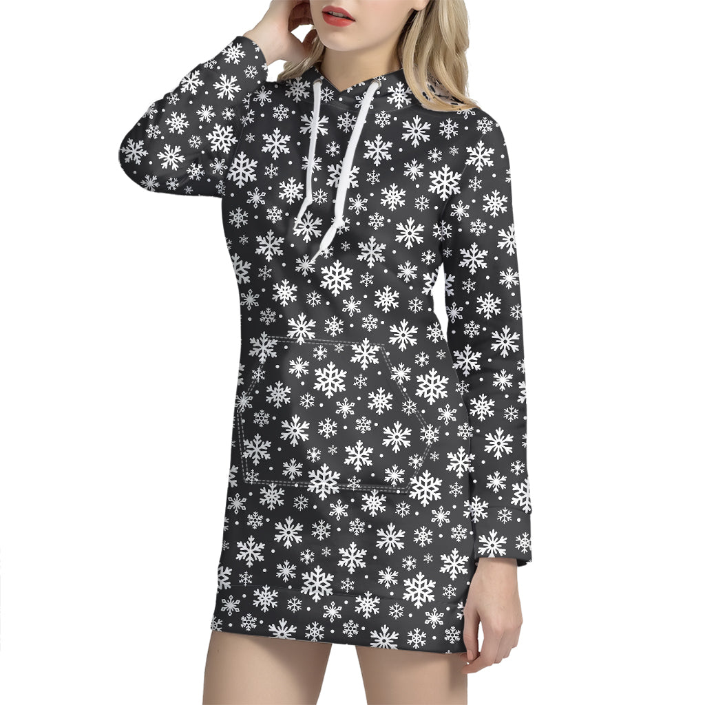 White And Grey Snowflake Pattern Print Hoodie Dress