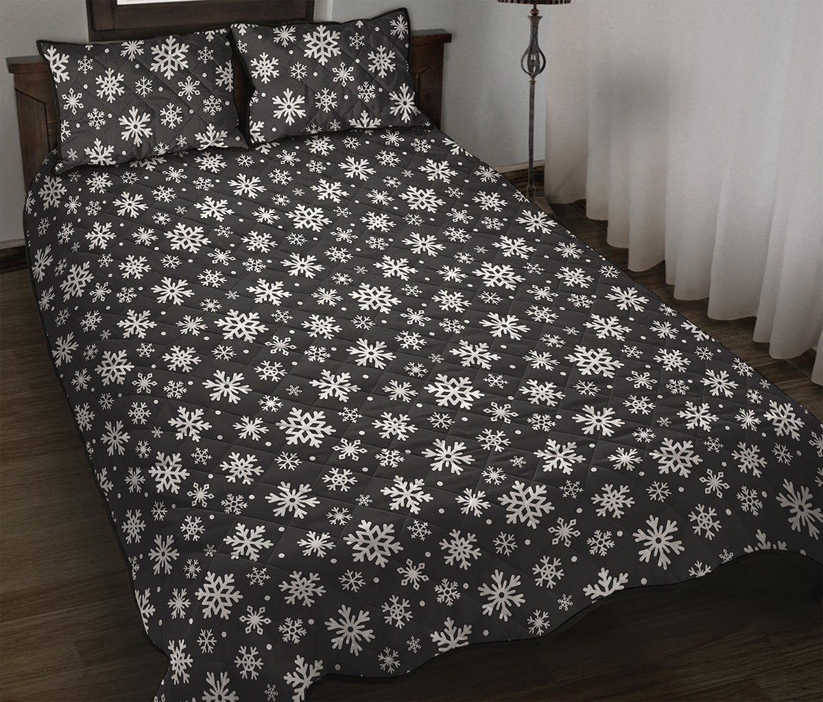 White And Grey Snowflake Pattern Print Quilt Bed Set