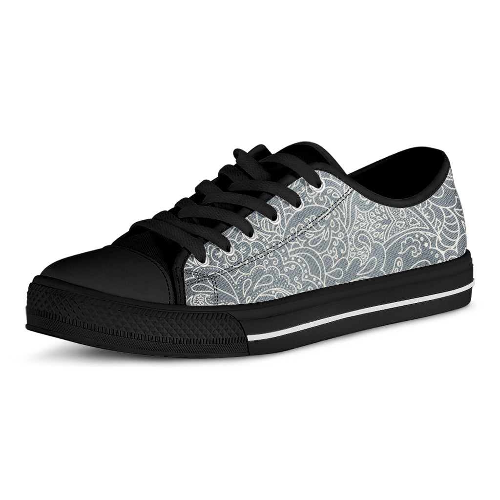 White And Grey Western Floral Print Black Low Top Shoes