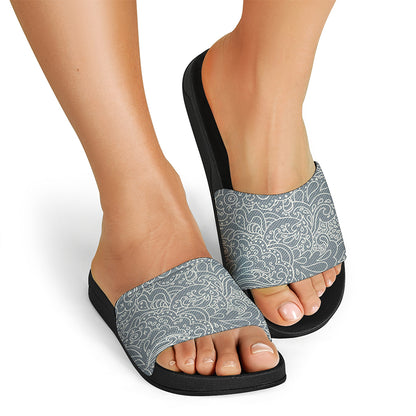 White And Grey Western Floral Print Black Slide Sandals
