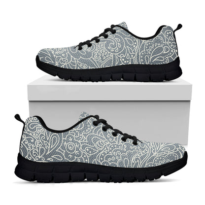 White And Grey Western Floral Print Black Sneakers