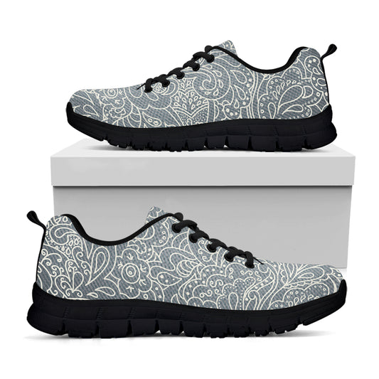White And Grey Western Floral Print Black Sneakers