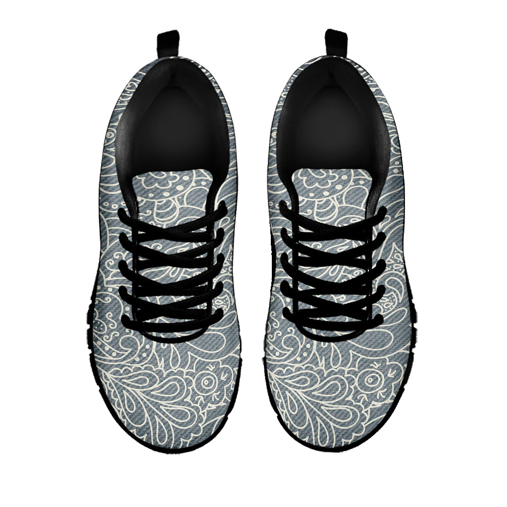 White And Grey Western Floral Print Black Sneakers