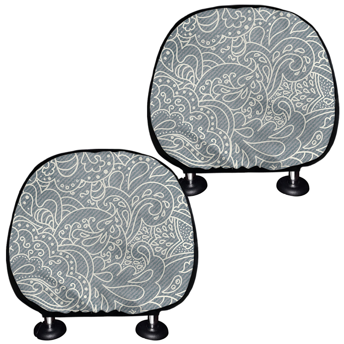 White And Grey Western Floral Print Car Headrest Covers