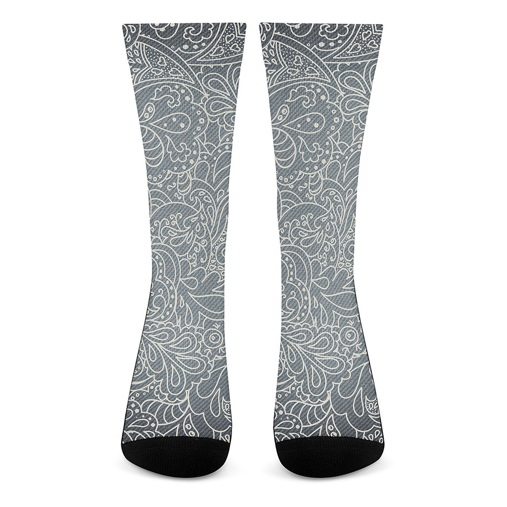 White And Grey Western Floral Print Crew Socks