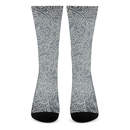 White And Grey Western Floral Print Crew Socks