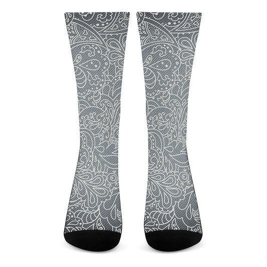 White And Grey Western Floral Print Crew Socks