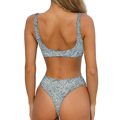 White And Grey Western Floral Print Front Bow Tie Bikini