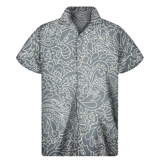 White And Grey Western Floral Print Men's Short Sleeve Shirt