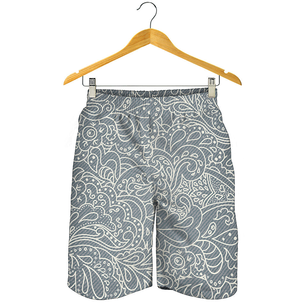 White And Grey Western Floral Print Men's Shorts