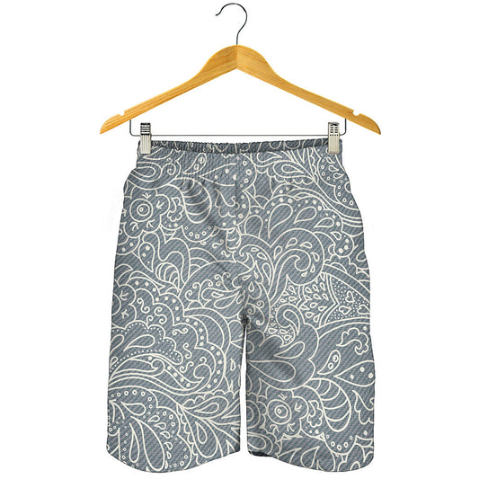 White And Grey Western Floral Print Men's Shorts