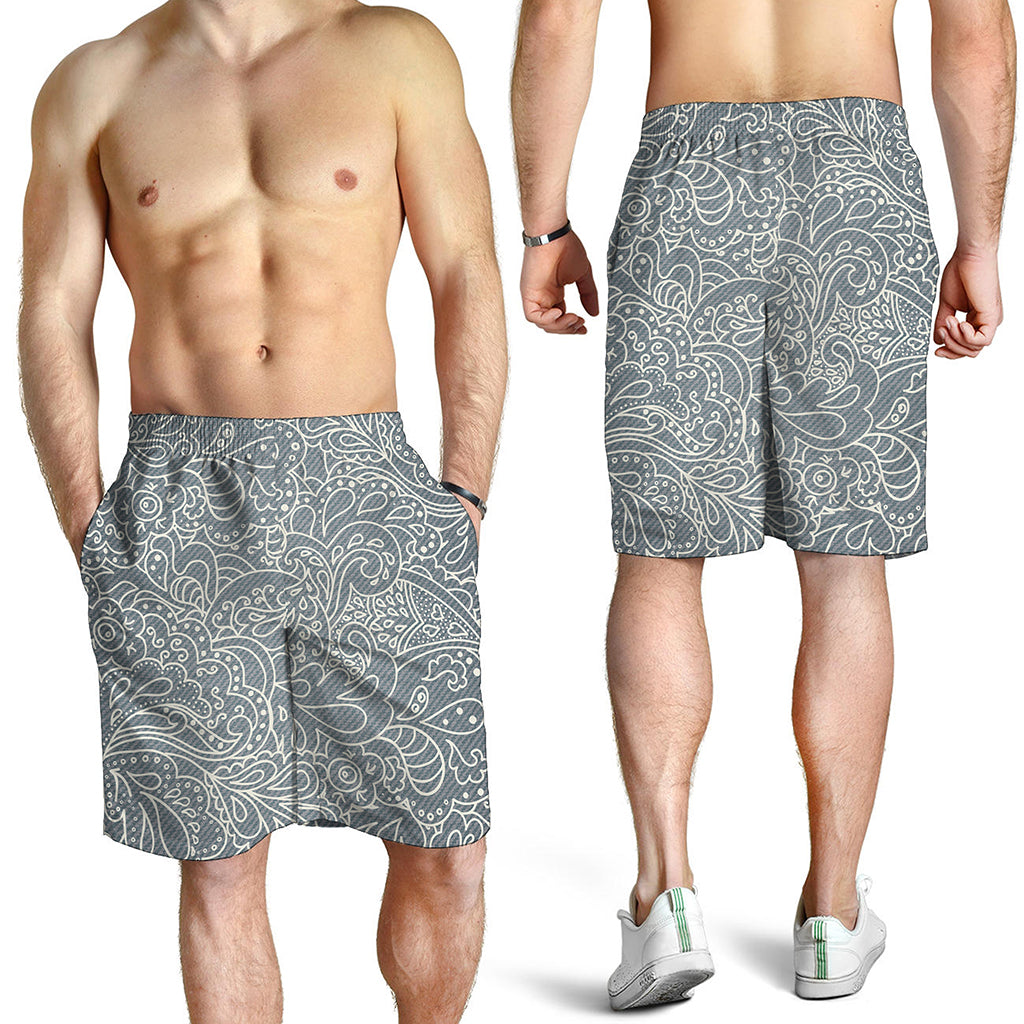 White And Grey Western Floral Print Men's Shorts