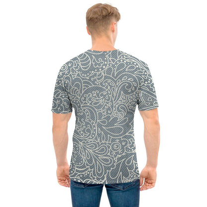 White And Grey Western Floral Print Men's T-Shirt