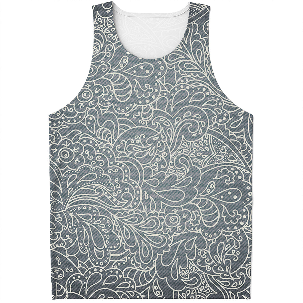 White And Grey Western Floral Print Men's Tank Top