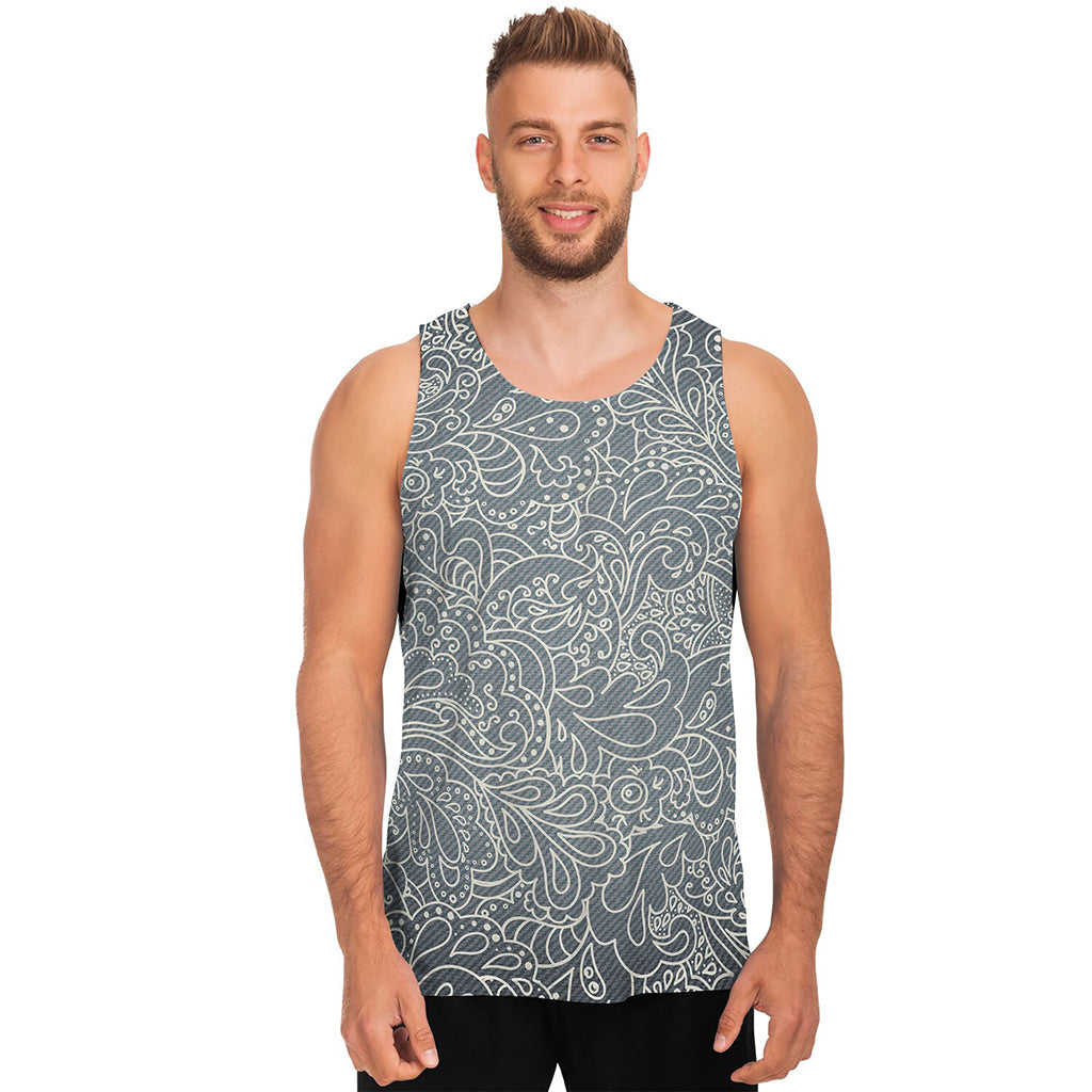 White And Grey Western Floral Print Men's Tank Top