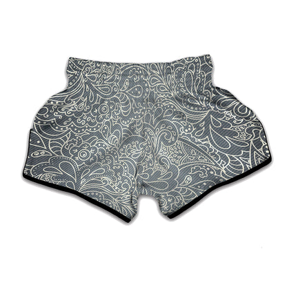 White And Grey Western Floral Print Muay Thai Boxing Shorts