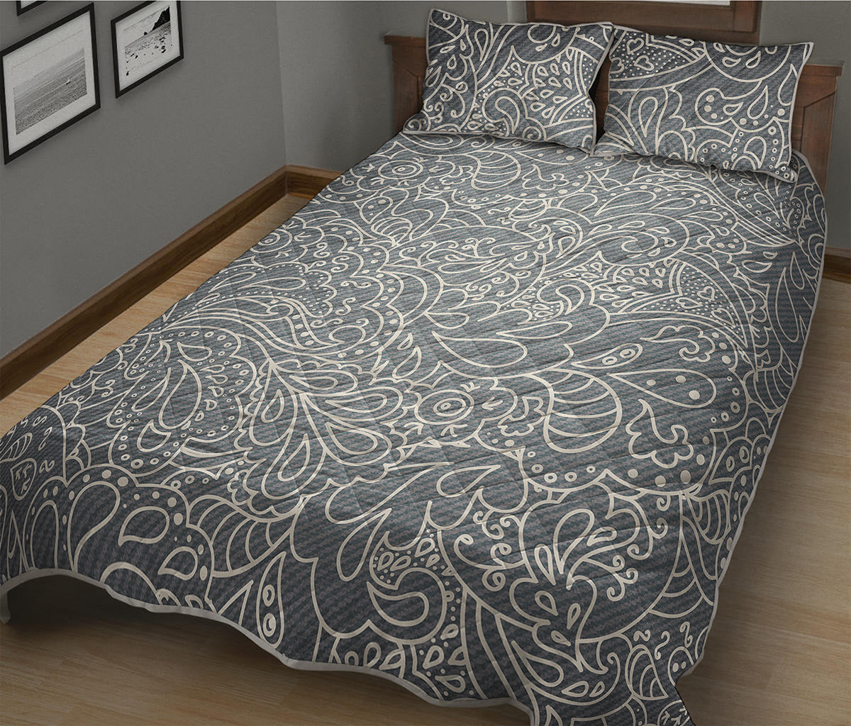 White And Grey Western Floral Print Quilt Bed Set