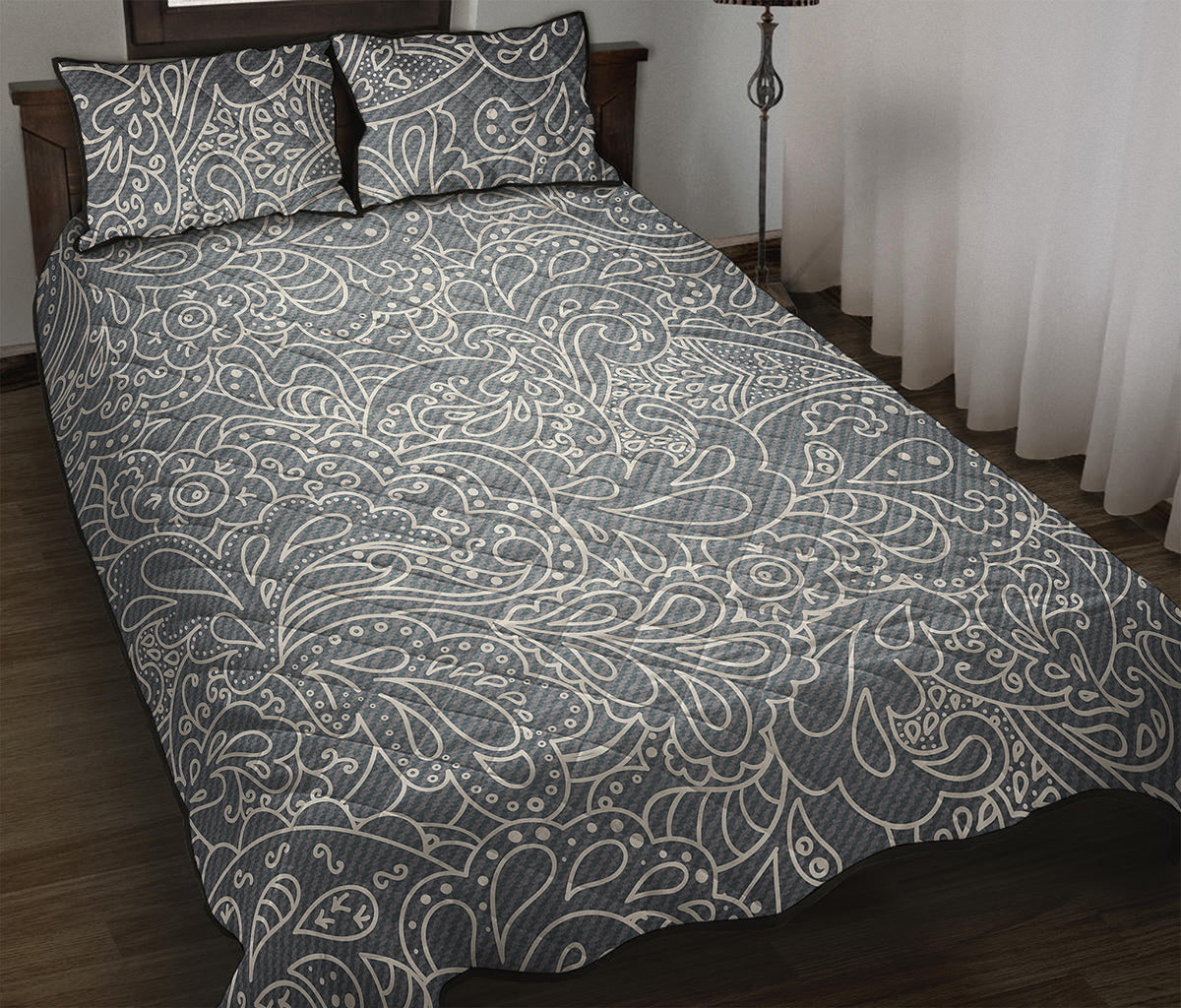 White And Grey Western Floral Print Quilt Bed Set