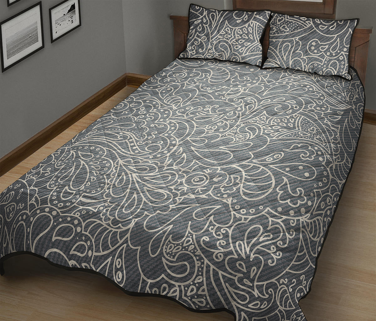 White And Grey Western Floral Print Quilt Bed Set
