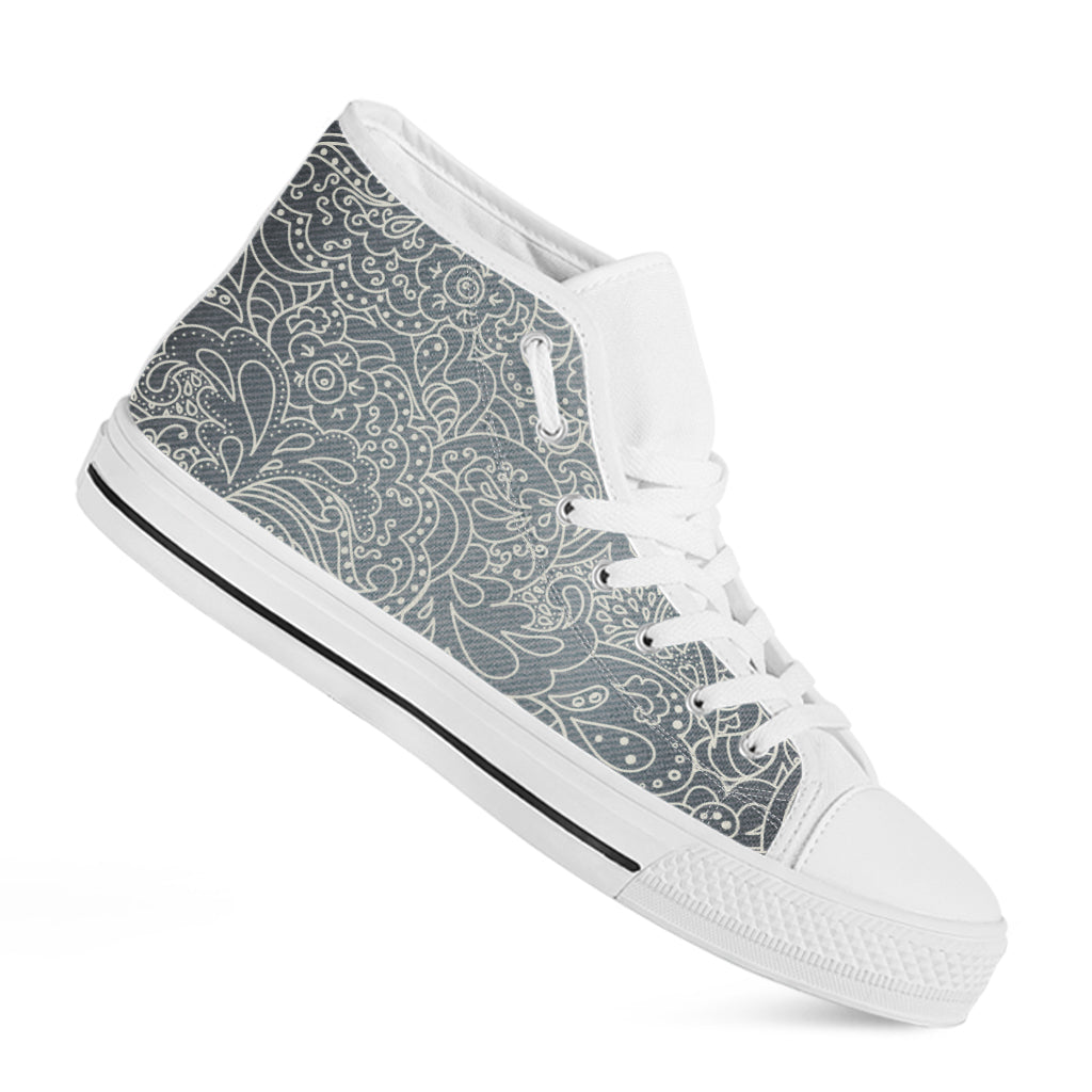 White And Grey Western Floral Print White High Top Shoes