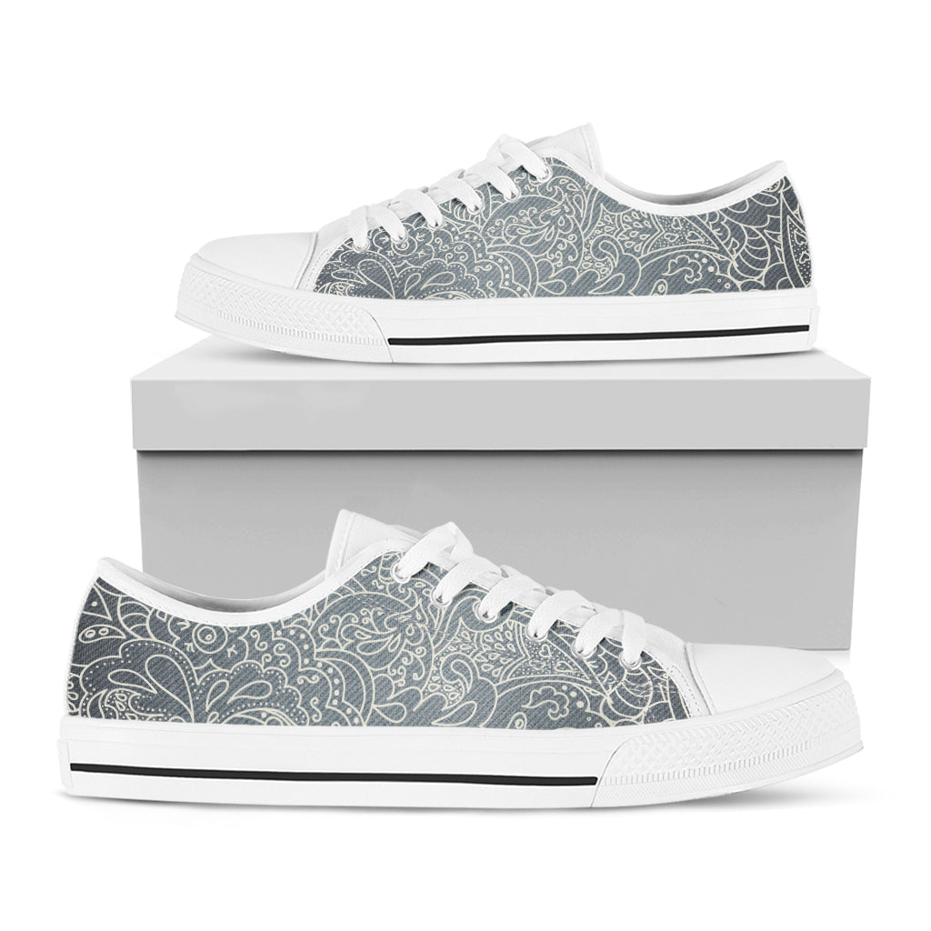 White And Grey Western Floral Print White Low Top Shoes