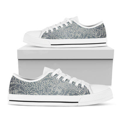 White And Grey Western Floral Print White Low Top Shoes