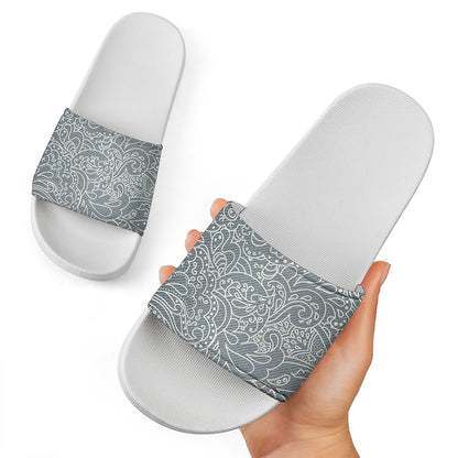 White And Grey Western Floral Print White Slide Sandals