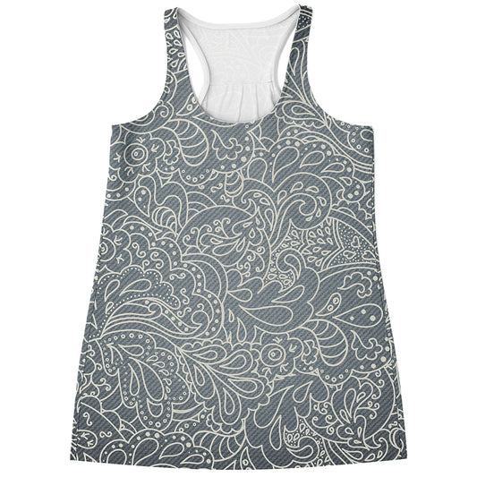 White And Grey Western Floral Print Women's Racerback Tank Top