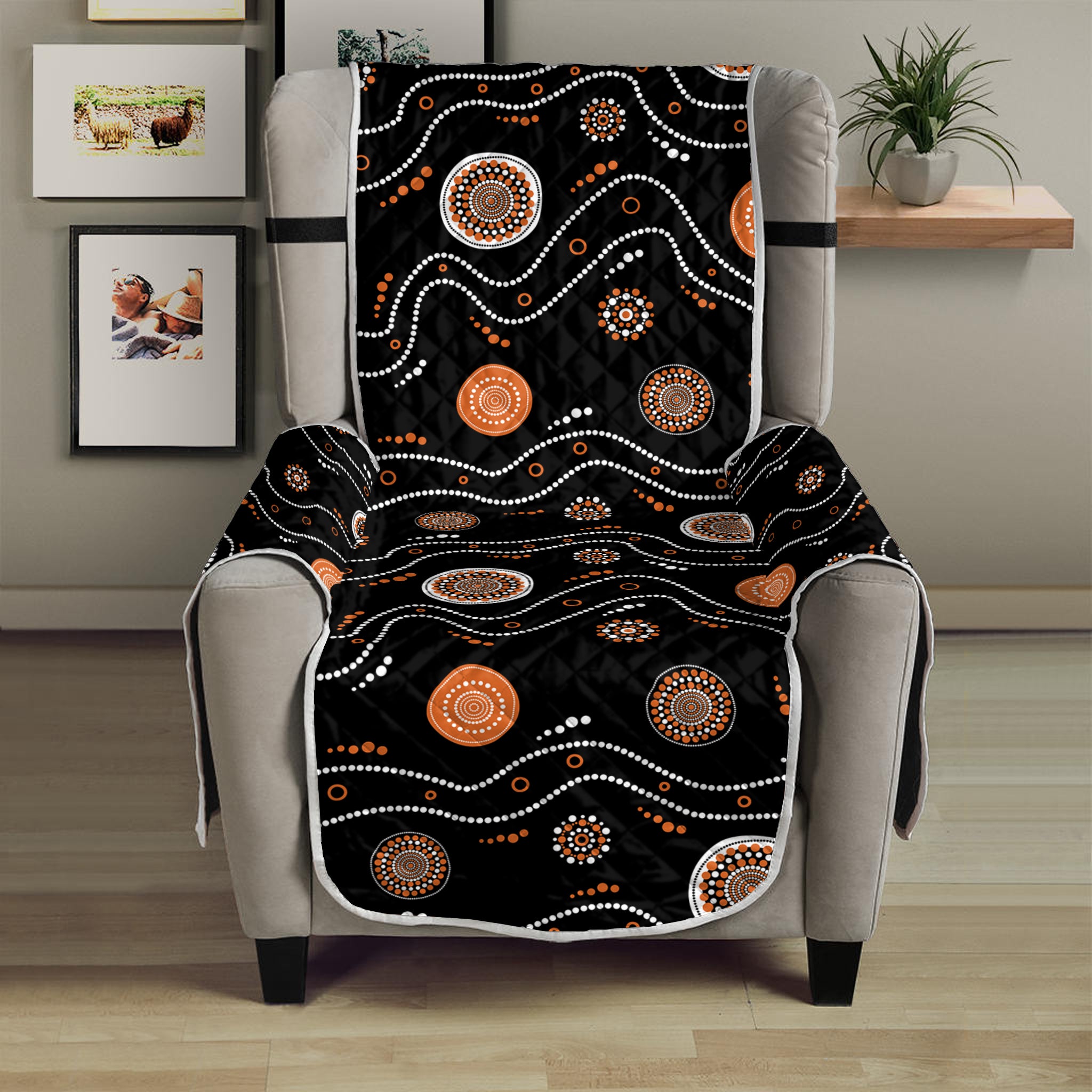 White And Orange Aboriginal Art Print Armchair Protector