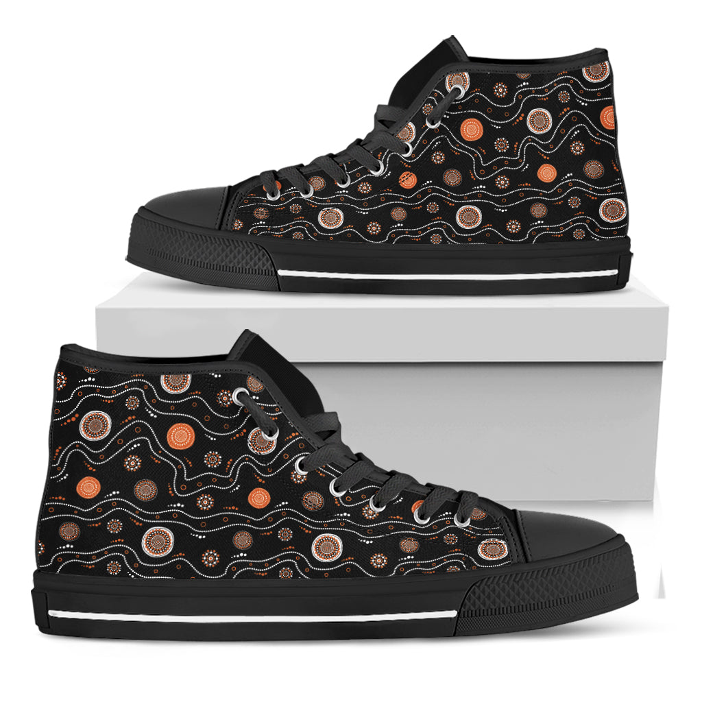 White And Orange Aboriginal Art Print Black High Top Shoes