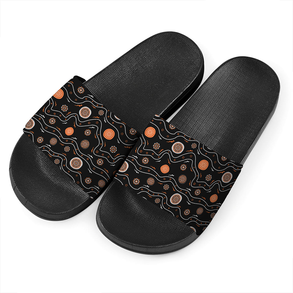 White And Orange Aboriginal Art Print Black Slide Sandals