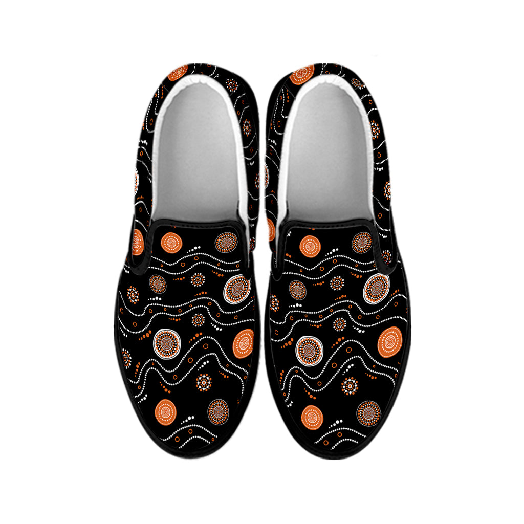 White And Orange Aboriginal Art Print Black Slip On Shoes