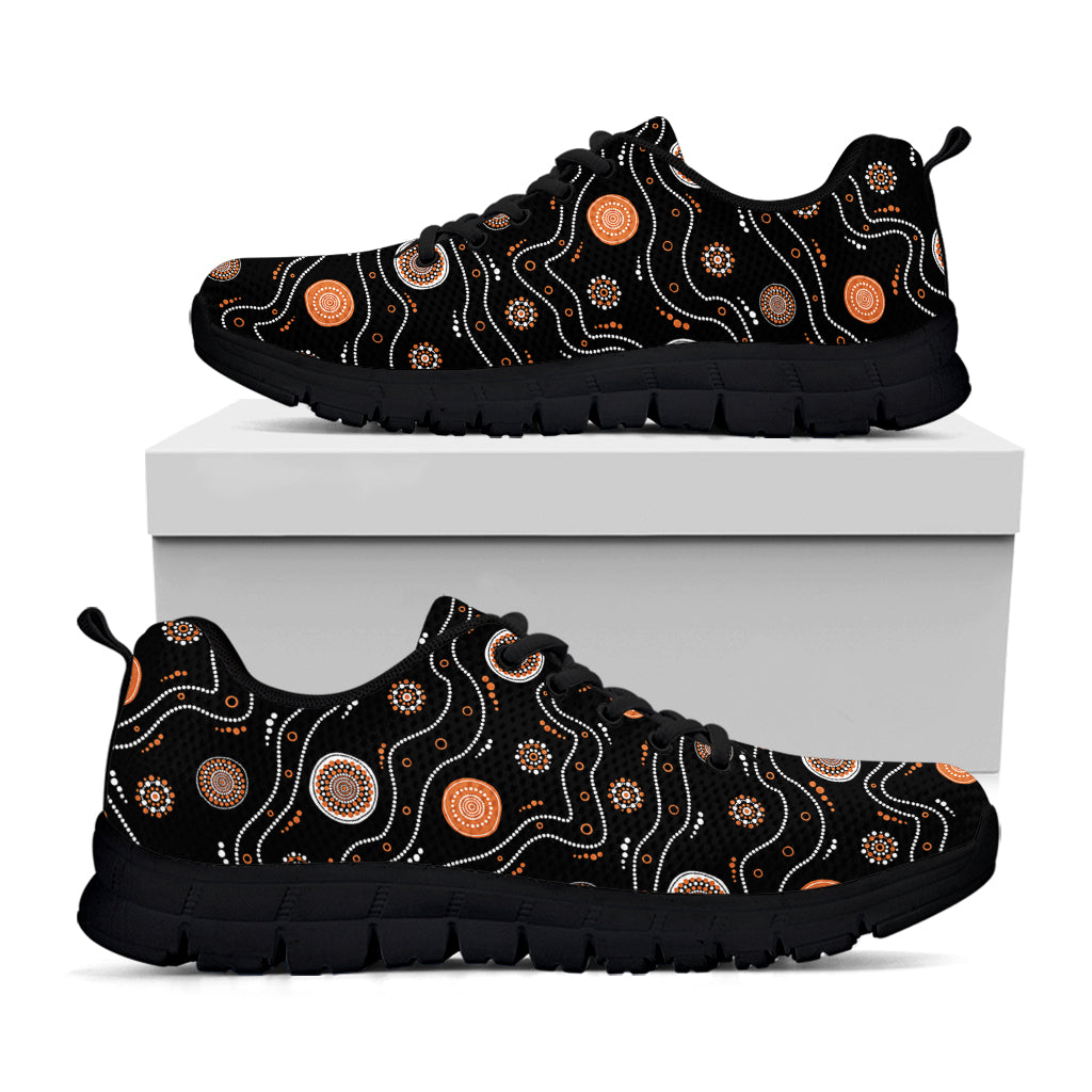 White And Orange Aboriginal Art Print Black Sneakers