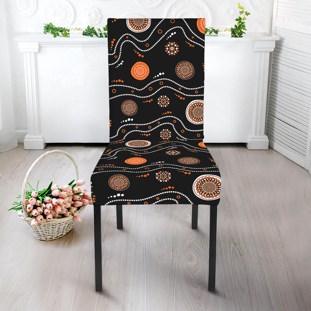 White And Orange Aboriginal Art Print Dining Chair Slipcover